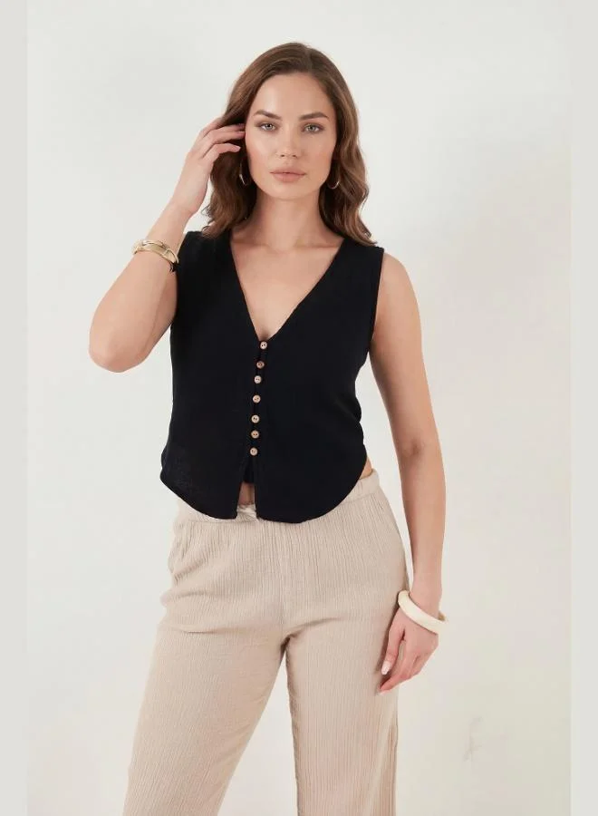 Lela  Lela Cotton Regular Fit V-Neck Button Detail Summer Blouse Vest Women's VEST 5866661 for Women | Best Price UAE