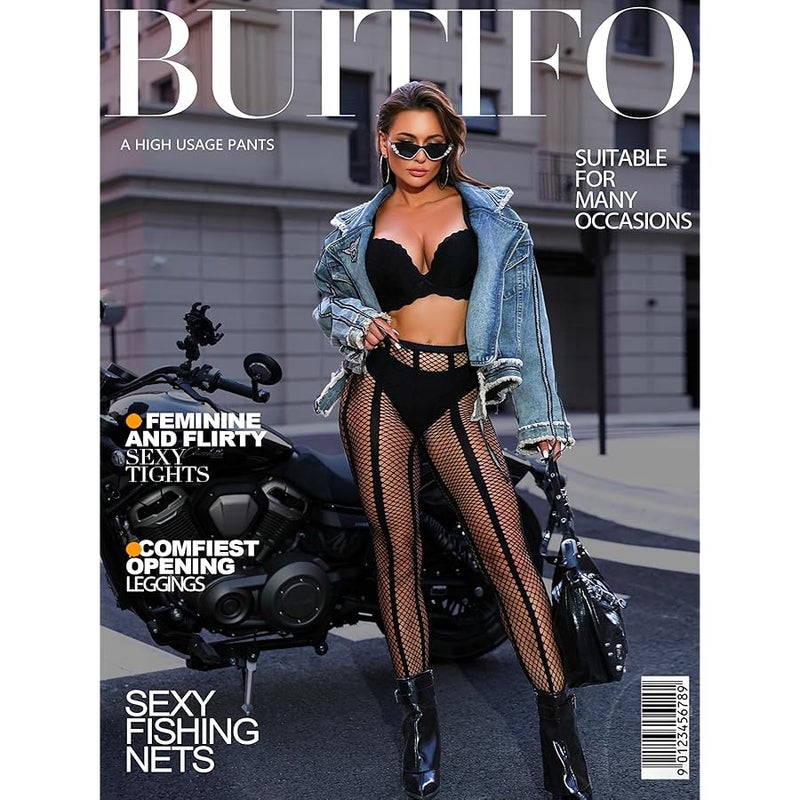 Buitifo بويتفو جوارب طويلة شبكية مثيرة للنساء بتصميم شبكة صيد السمك حافي القدمين وخصر مرتفع وتصميم مخطط للنساء - Image 3
