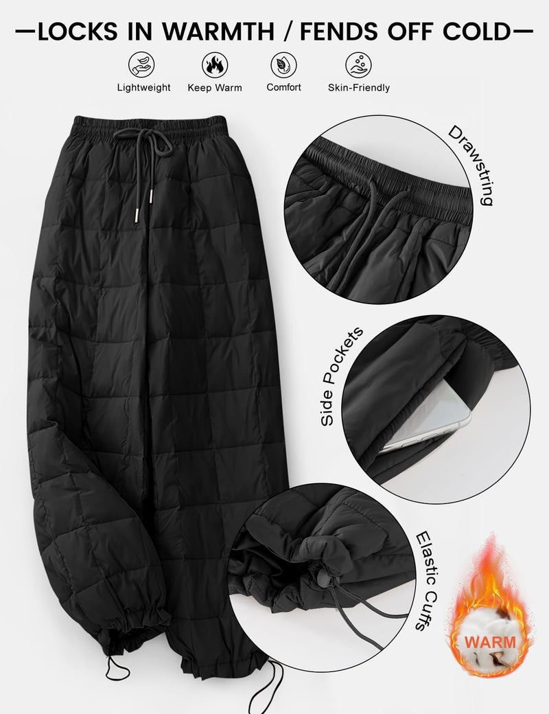 PEHMEA Womens Winter Snow Pants, Windproof Padded Drawstring Warm Loose Wide-Leg Outdoor Ski Casual Trousers(Black-M) - Image 5