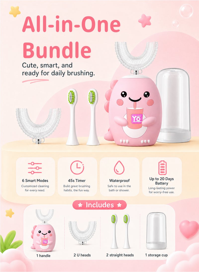 Kids U Shaped Ultrasonic Electric Toothbrush, 4 Replacement Brush Heads, 6 Cleaning Modes, Cartoon Design for Kids Ages 2-12 - Image 2