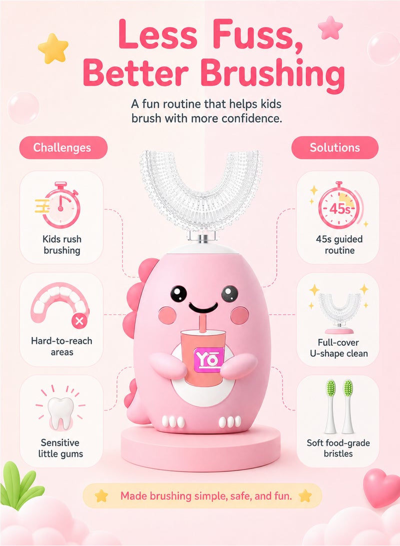 Kids U Shaped Ultrasonic Electric Toothbrush, 4 Replacement Brush Heads, 6 Cleaning Modes, Cartoon Design for Kids Ages 2-12 - Image 4