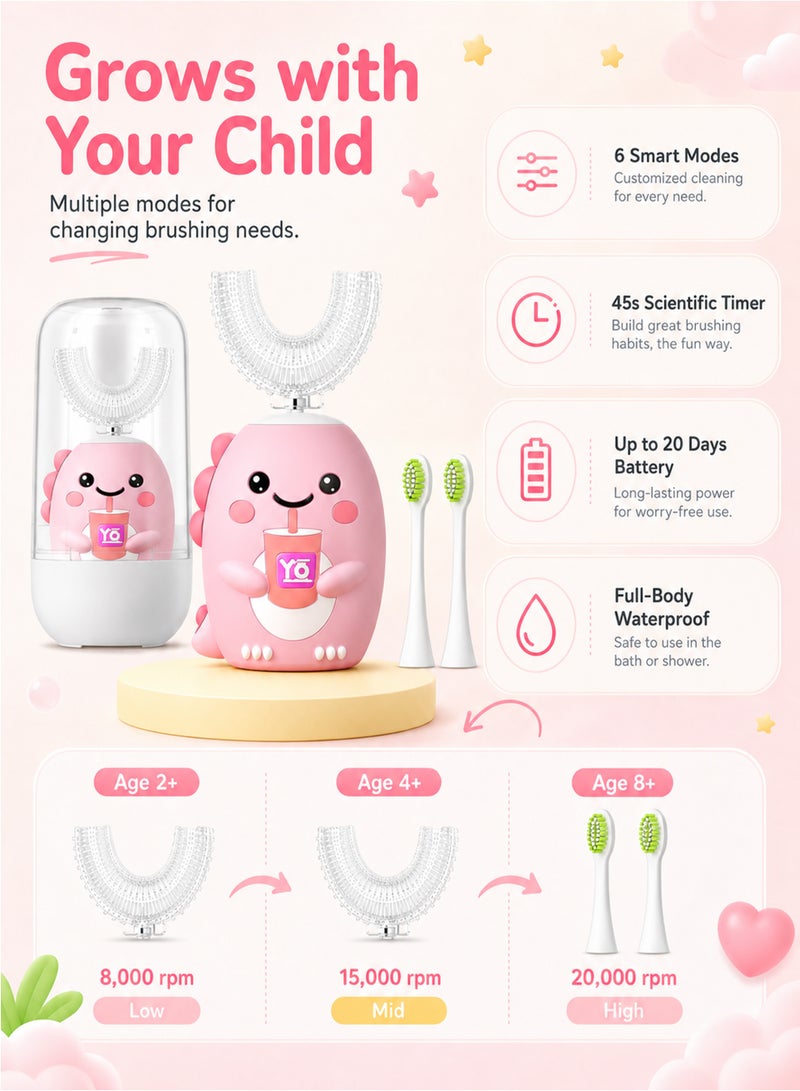 Kids U Shaped Ultrasonic Electric Toothbrush, 4 Replacement Brush Heads, 6 Cleaning Modes, Cartoon Design for Kids Ages 2-12 - Image 3