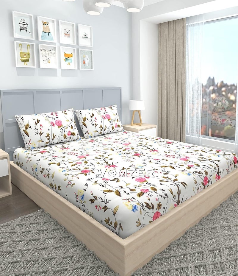 VOMZER 320 TC Cotton Feel All Around Elastic Fitted Bedsheets King Size Premium Fitted Bedsheets King Size for Double Bed with 2 Pillow Covers Size 78 x 72 White