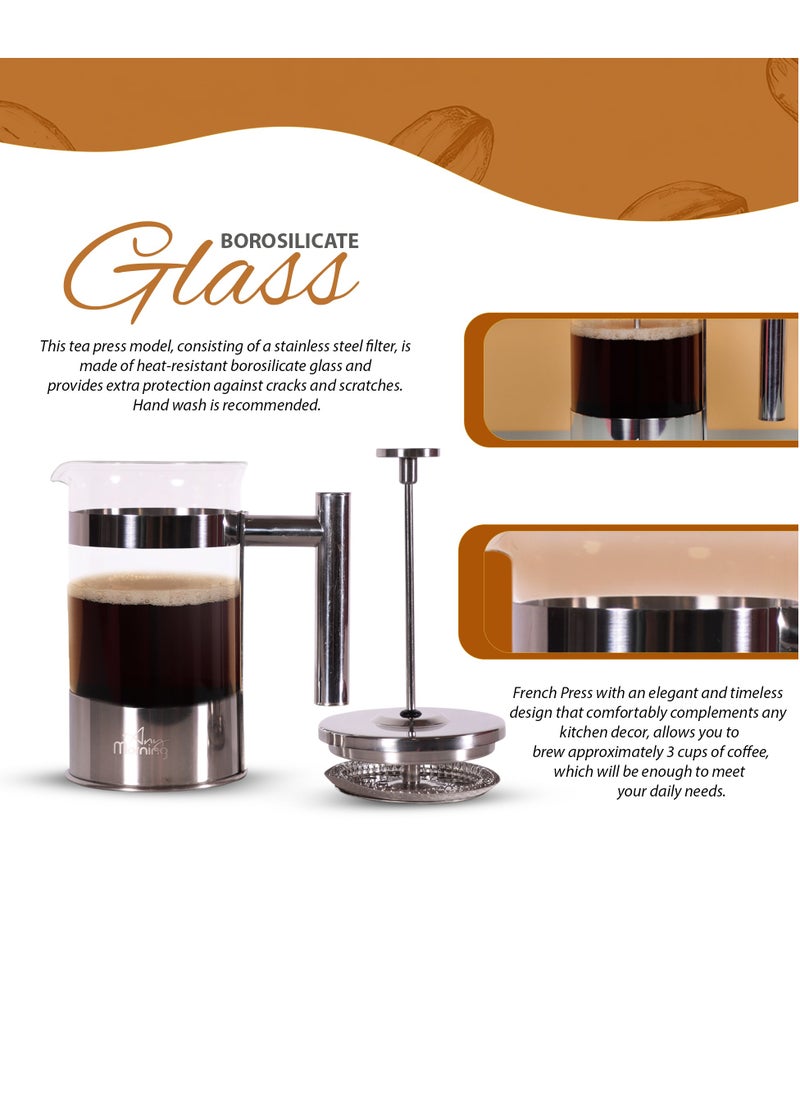 Any Morning French Press Coffee and Tea Maker, 600ml / 20oz / 3 Cups, Triple Stainless Steel Filters, Borosilicate Glass Tea Press, 3 Level Filtration System, Portable, Easy to Clean - FF110  - Image 5