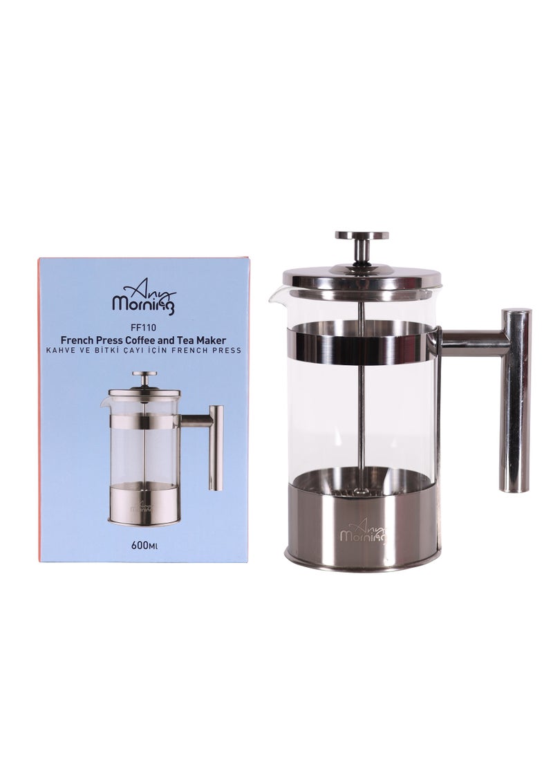 French Press Coffee and Tea Maker, 600ml / 20oz / 3 Cups, Triple Stainless Steel Filters, Borosilicate Glass Tea Press, 3 Level Filtration System, Portable, Easy to Clean - FF110