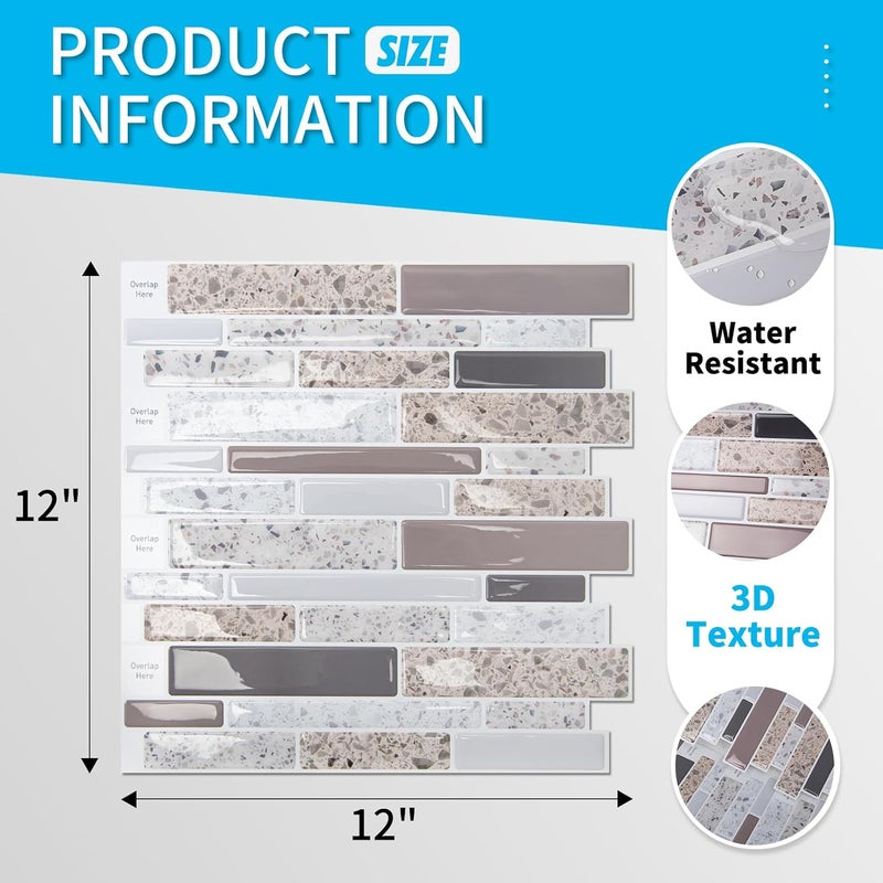 Art3d Backsplash Tile for Kitchen Peel and Stick, 10 Sheets Self-Adhesive Wall Tiles for Kitchen, Bathroom Back Splashes, 12"x12", Terrazzo - Image 5
