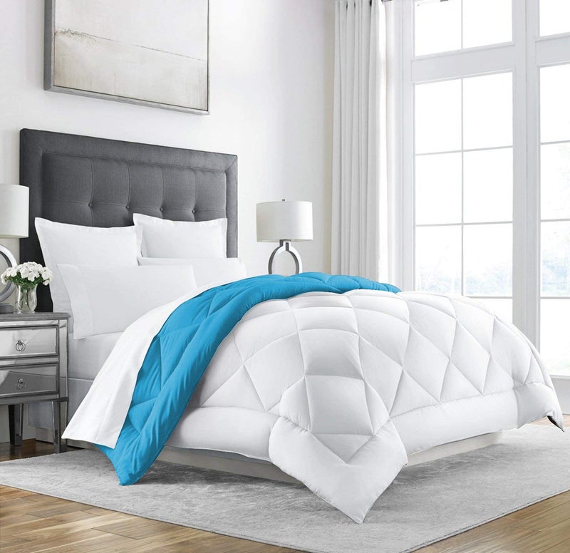 Linenovation All Season Microfiber Reversable DuvetAC ComforterQuilt Sky Blue White Double Size 90 Inch x 100 Inch - Image 1