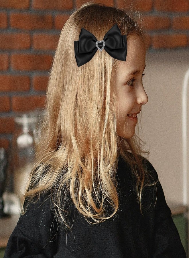 melyde Black Satin Hair Bow Clips, Christmas Valentine School Hairpins with Heart Rhinestones,Handmade Bowknot Hair Accessories for Kids Girls New Year Decor - Image 3