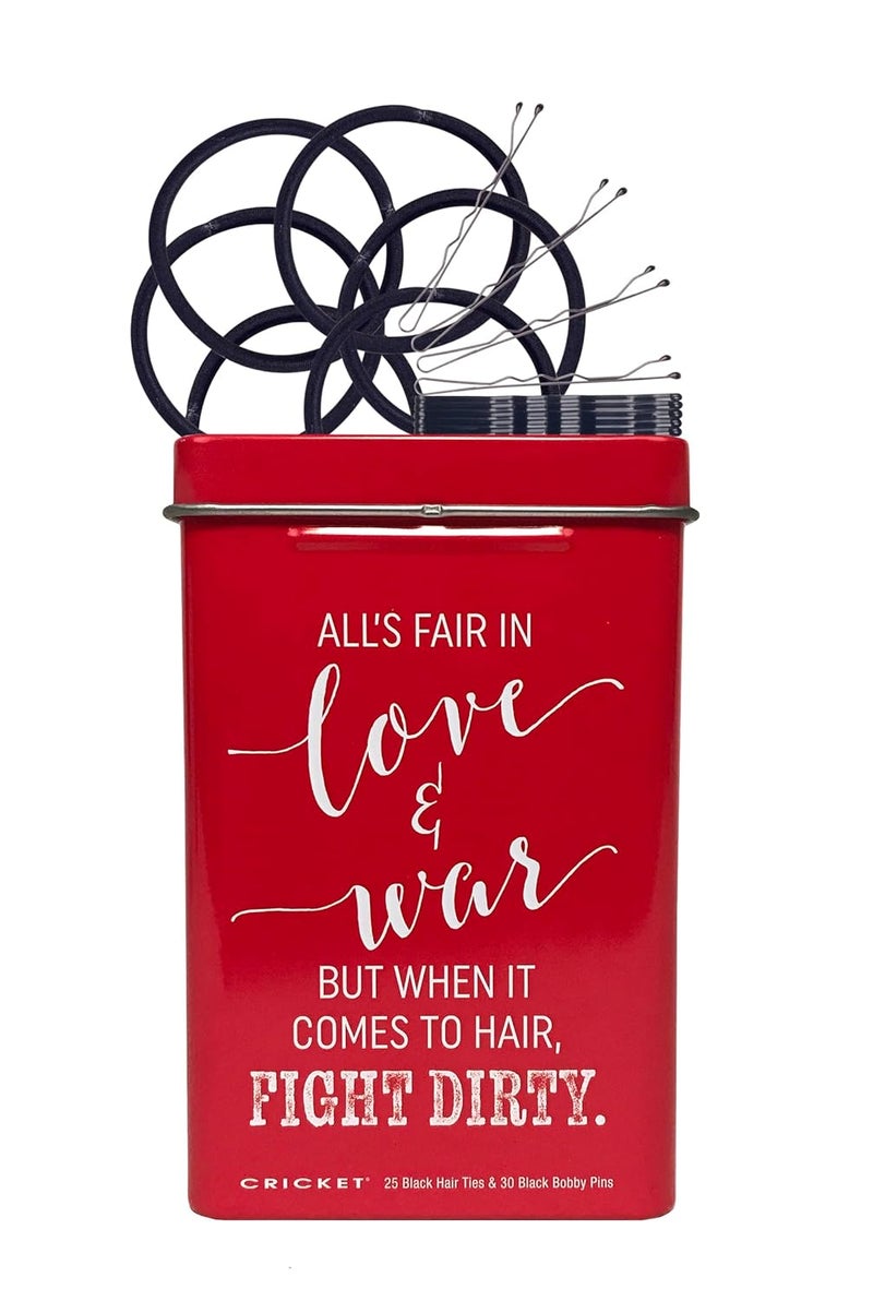 Cricket Hair Clip  Love and War Hair Tin with 25 Hair Ties  30 Bobby Pins in Reusable Metal Tin for Home On the Go Salon Barbershops Red 55 PC