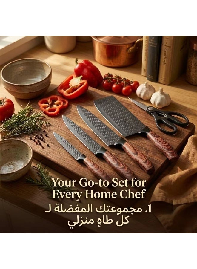 KUNSION 6-Piece Black Kitchen Knife Set with Stand, Non-Stick Chef Knife and Cleaver, Wood Grain Handle, Storage Block - Image 4