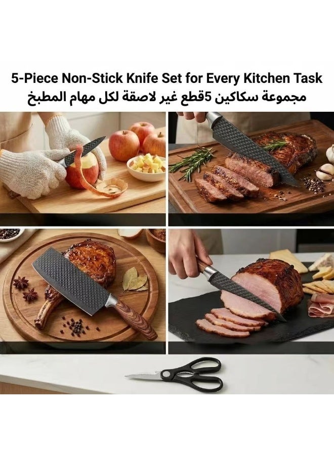 KUNSION 6-Piece Black Kitchen Knife Set with Stand, Non-Stick Chef Knife and Cleaver, Wood Grain Handle, Storage Block - Image 5