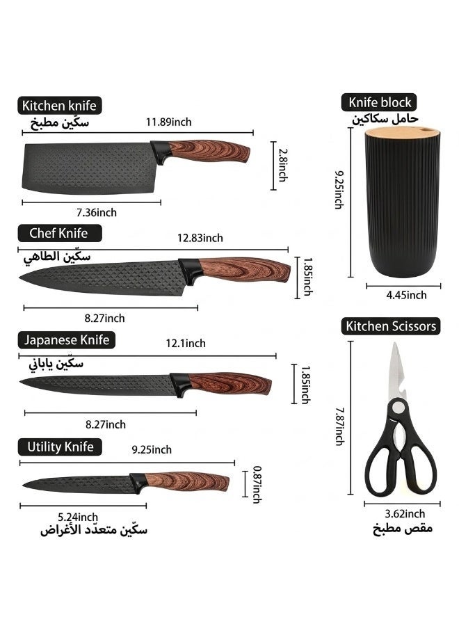 KUNSION 6-Piece Black Kitchen Knife Set with Stand, Non-Stick Chef Knife and Cleaver, Wood Grain Handle, Storage Block - Image 2