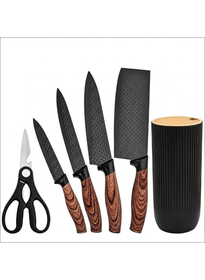 KUNSION 6-Piece Black Kitchen Knife Set with Stand, Non-Stick Chef Knife and Cleaver, Wood Grain Handle, Storage Block - Image 1