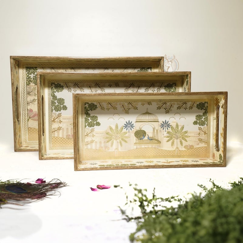 Dreams n Decor Dreams n Decor Set of 3 Wooden Serving Tray with Gold Engraving Size 16 x 10 inch 14 x 8 inch 12 x 6 inch Enamel Coated Waterproof Rectangular Rajwada Trays - Image 5