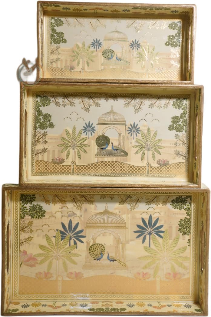 Dreams n Decor Dreams n Decor Set of 3 Wooden Serving Tray with Gold Engraving Size 16 x 10 inch 14 x 8 inch 12 x 6 inch Enamel Coated Waterproof Rectangular Rajwada Trays - Image 3