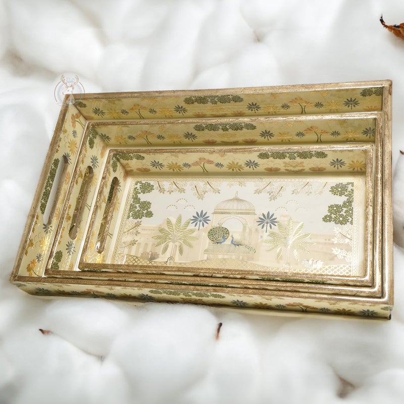 Dreams n Decor Dreams n Decor Set of 3 Wooden Serving Tray with Gold Engraving Size 16 x 10 inch 14 x 8 inch 12 x 6 inch Enamel Coated Waterproof Rectangular Rajwada Trays - Image 4