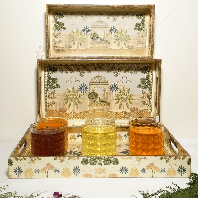 Dreams n Decor Dreams n Decor Set of 3 Wooden Serving Tray with Gold Engraving Size 16 x 10 inch 14 x 8 inch 12 x 6 inch Enamel Coated Waterproof Rectangular Rajwada Trays - Image 2