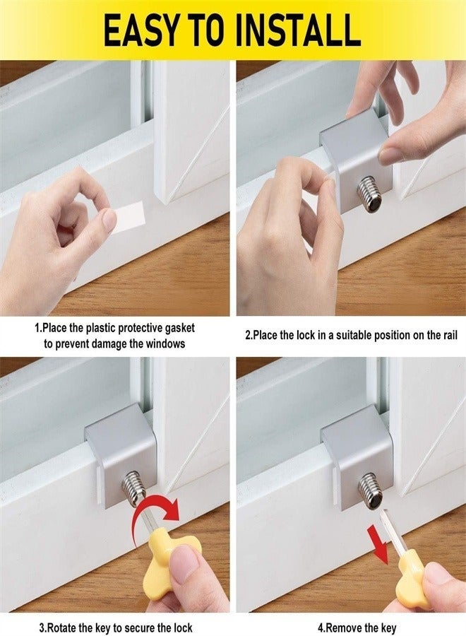 Window Locks, 6 Sets Adjustable Sliding Window Door Safety Locks with Key, Aluminum Window Locks Security Stoppers Adjustable Security Locks for Vertical Horizontal Slide Door Windows - Image 3