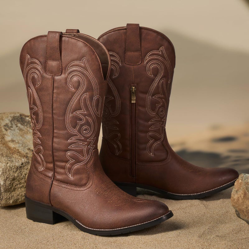 TruVeld Mens Cowboy Boots with Pointed Toe in Brown Retro Western Style and Embroidery Botas Vaqueras para Hombre - Image 3