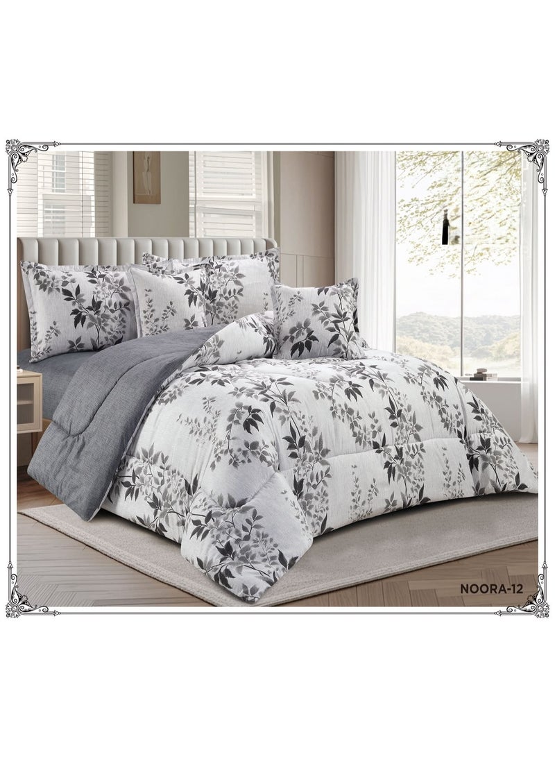 Double summer bedspread set, reversible (one side patterned, one side plain), 6 pieces. Comfort and elegance for your bedroom decor. Includes: 1 comforter (220*240cm), 1 fitted sheet (200*200cm), 2 pillowcases (80*50cm), and 2 pillowcases (50*50cm).
