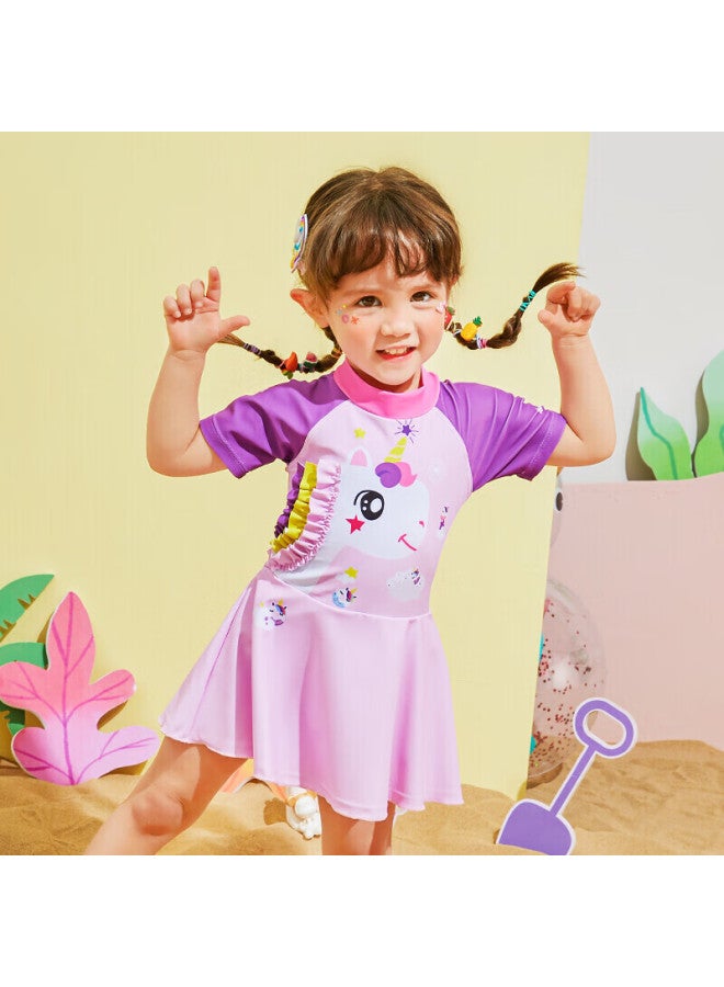 Lemonkid Children's One-piece Swimsuit, Quick-dry Swimwear For Boys And Girls, Big Kids And Toddlers, Pink And Purple Unicorn Design, Size 120 - Image 1