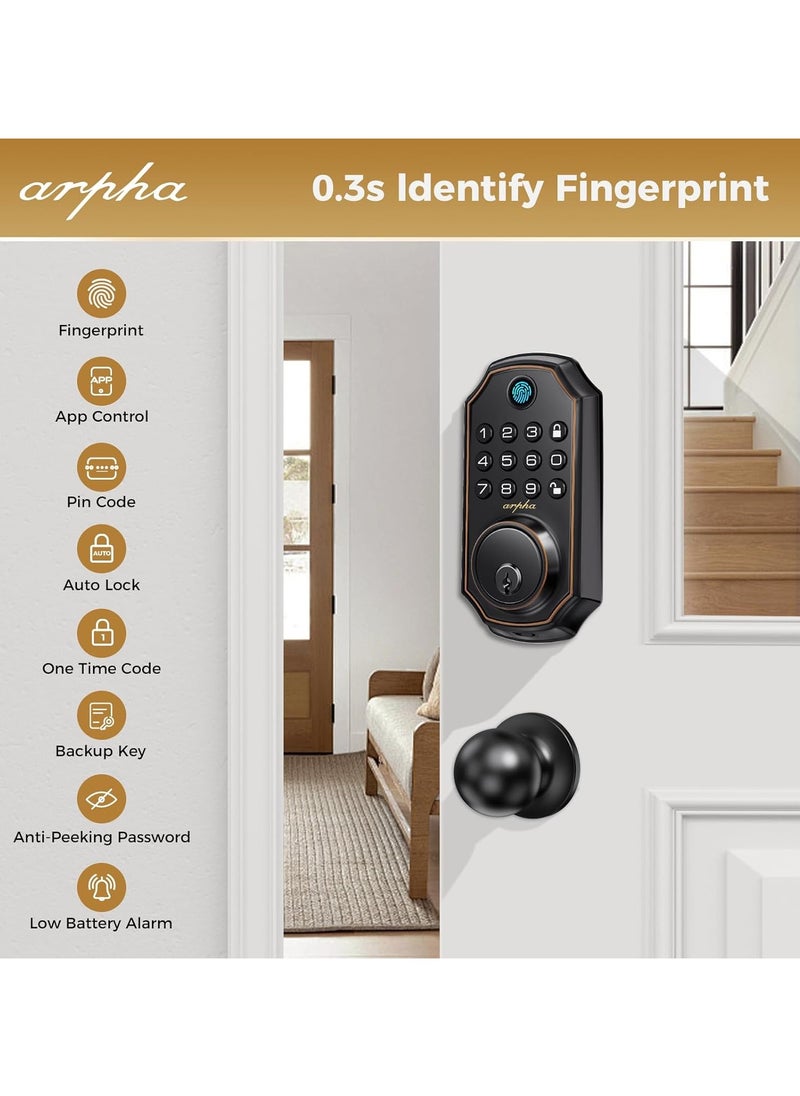 ARPHA - D280K Fingerprint Door Lock with Door Knobs, Keyless Entry Door Lock with App Control, Electronic Keypad Deadbolt for Front Door, One Time Code Anti-Peeping Password, Easy to Install - Image 1