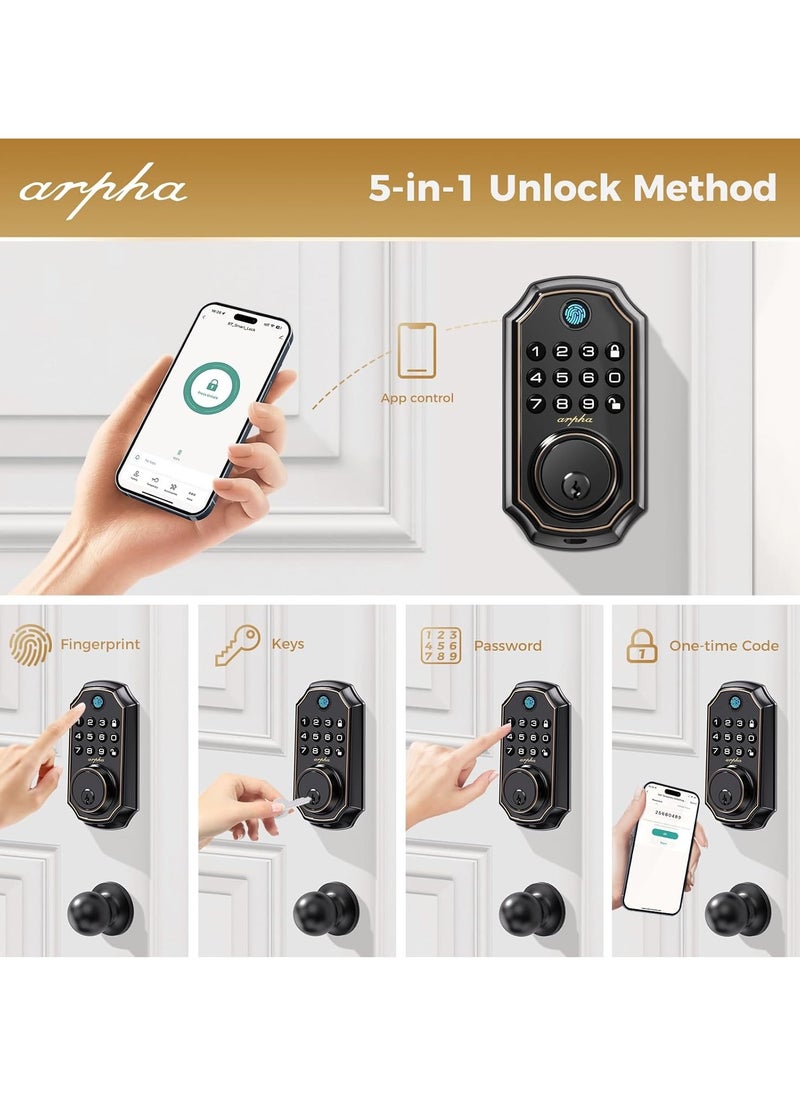 ARPHA - D280K Fingerprint Door Lock with Door Knobs, Keyless Entry Door Lock with App Control, Electronic Keypad Deadbolt for Front Door, One Time Code Anti-Peeping Password, Easy to Install - Image 1