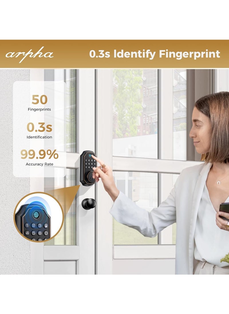 ARPHA - D280K Fingerprint Door Lock with Door Knobs, Keyless Entry Door Lock with App Control, Electronic Keypad Deadbolt for Front Door, One Time Code Anti-Peeping Password, Easy to Install - Image 1