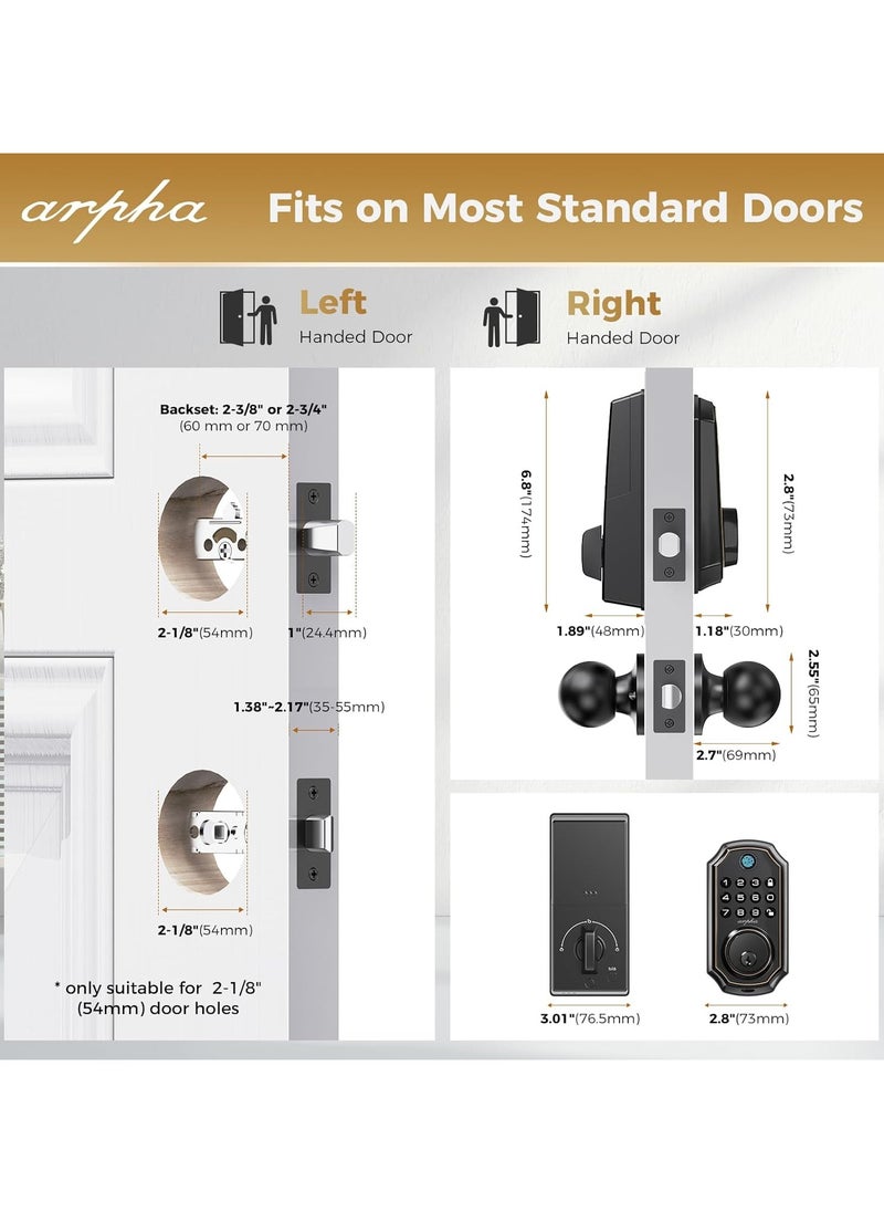 ARPHA - D280K Fingerprint Door Lock with Door Knobs, Keyless Entry Door Lock with App Control, Electronic Keypad Deadbolt for Front Door, One Time Code Anti-Peeping Password, Easy to Install - Image 1