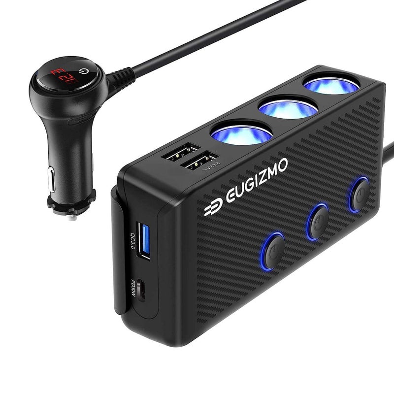 EUGIZMO Cigarette Lighter Plug Splitter 200W 3 Socket Car Cigarette Lighter Adapter USB Charger Extension Cord Multi Port Power Plug 12V24V Splitter with LED Voltage Display Independent Switches