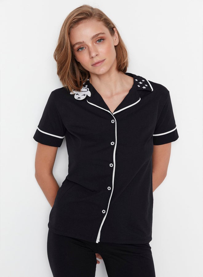 trendyol Black Cotton Collar Lamb Printed Slim Fit Shirt-Pants Knitted Pajamas Set THMAW22PT0704  - Image 1