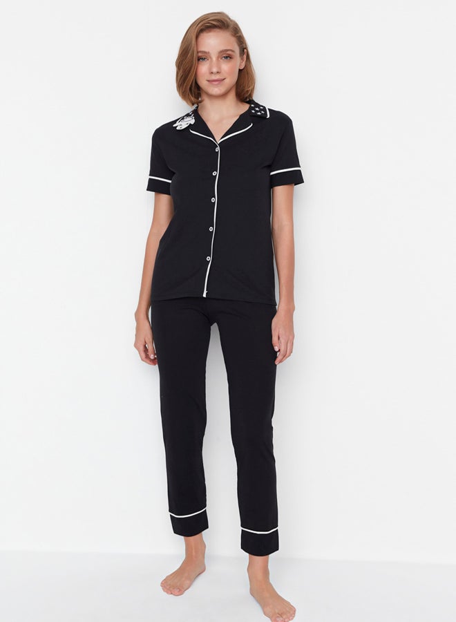 trendyol Black Cotton Collar Lamb Printed Slim Fit Shirt-Pants Knitted Pajamas Set THMAW22PT0704  - Image 2