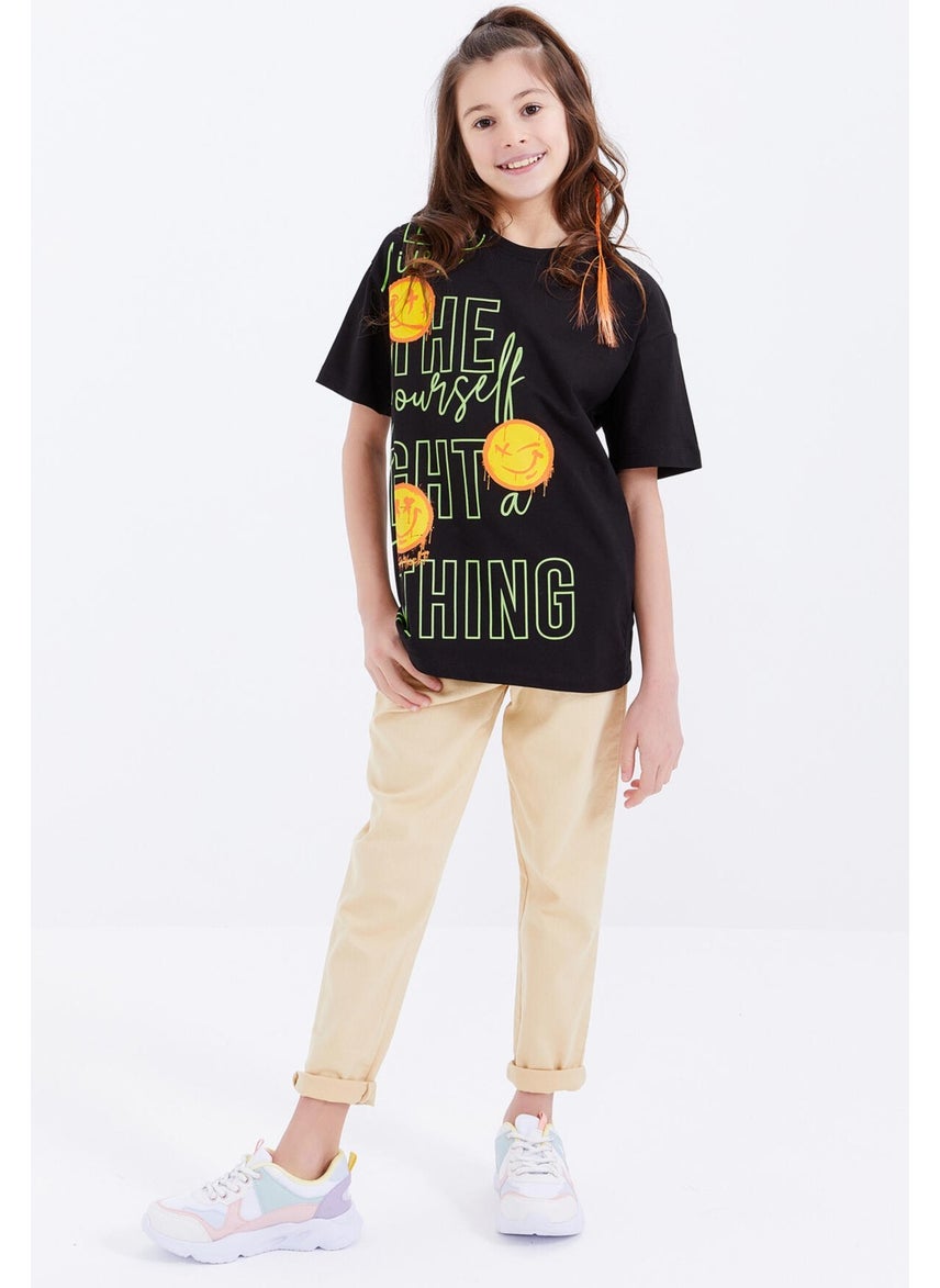 Tommy Life - Black Oversize Emoji Printed O Neck Off Shoulder Girls T-Shirt - 75042 - Image 1