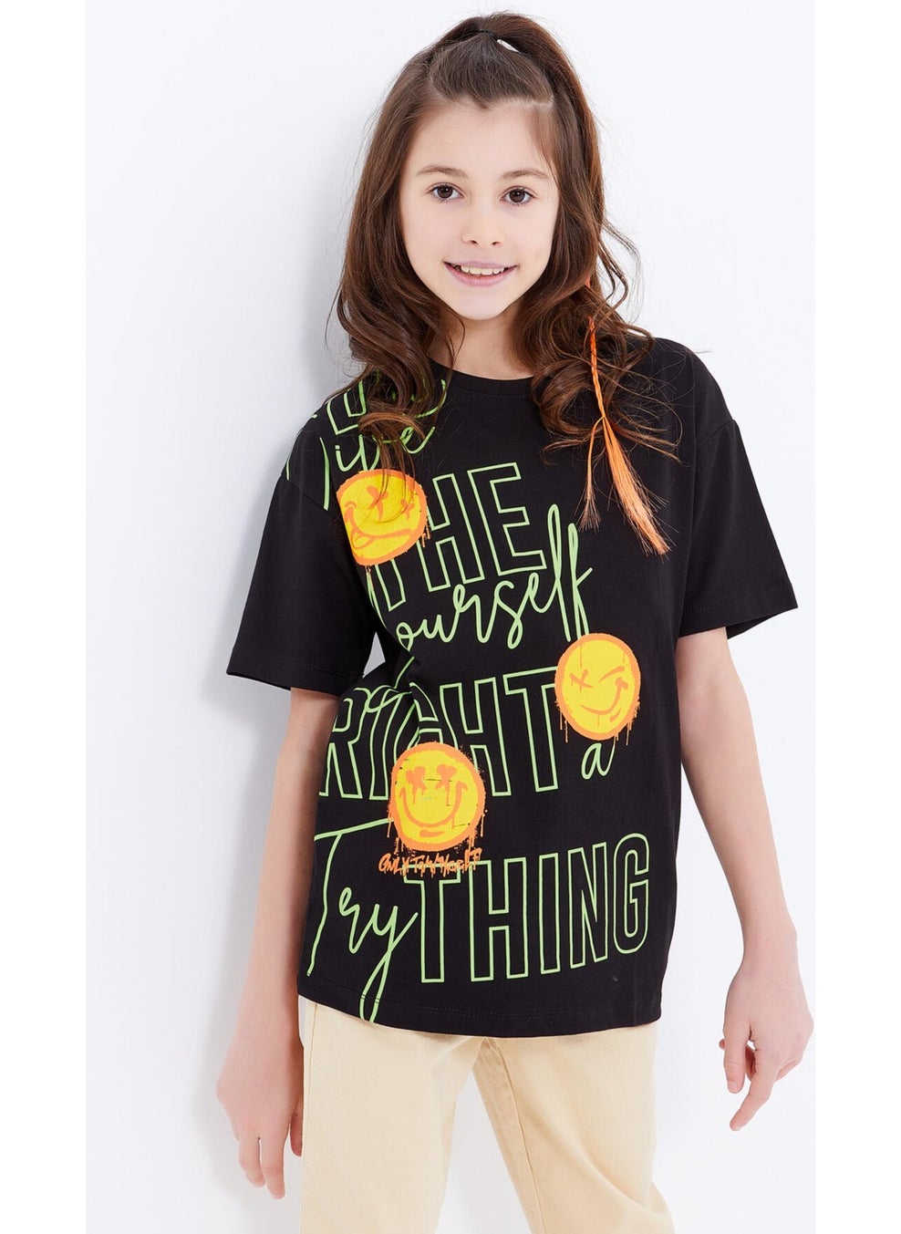 Tommy Life - Black Oversize Emoji Printed O Neck Off Shoulder Girls T-Shirt - 75042 - Image 1
