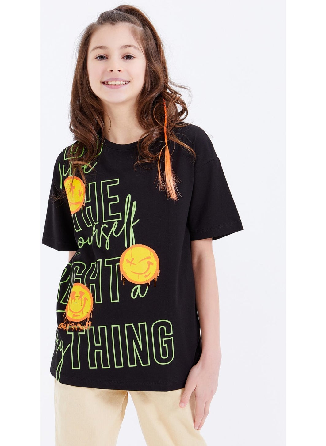 Tommy Life - Black Oversize Emoji Printed O Neck Off Shoulder Girls T-Shirt - 75042 - Image 1