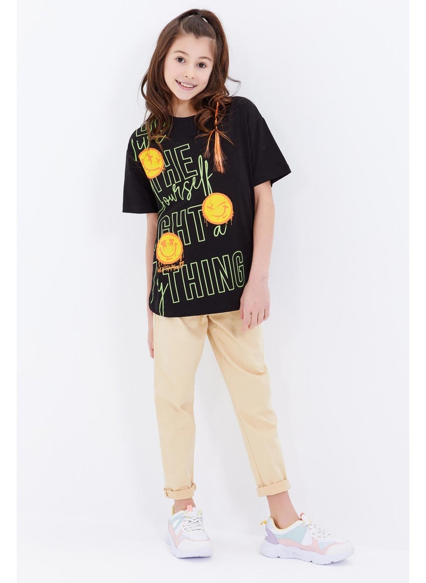Tommy Life - Black Oversize Emoji Printed O Neck Off Shoulder Girls T-Shirt - 75042 - Image 1