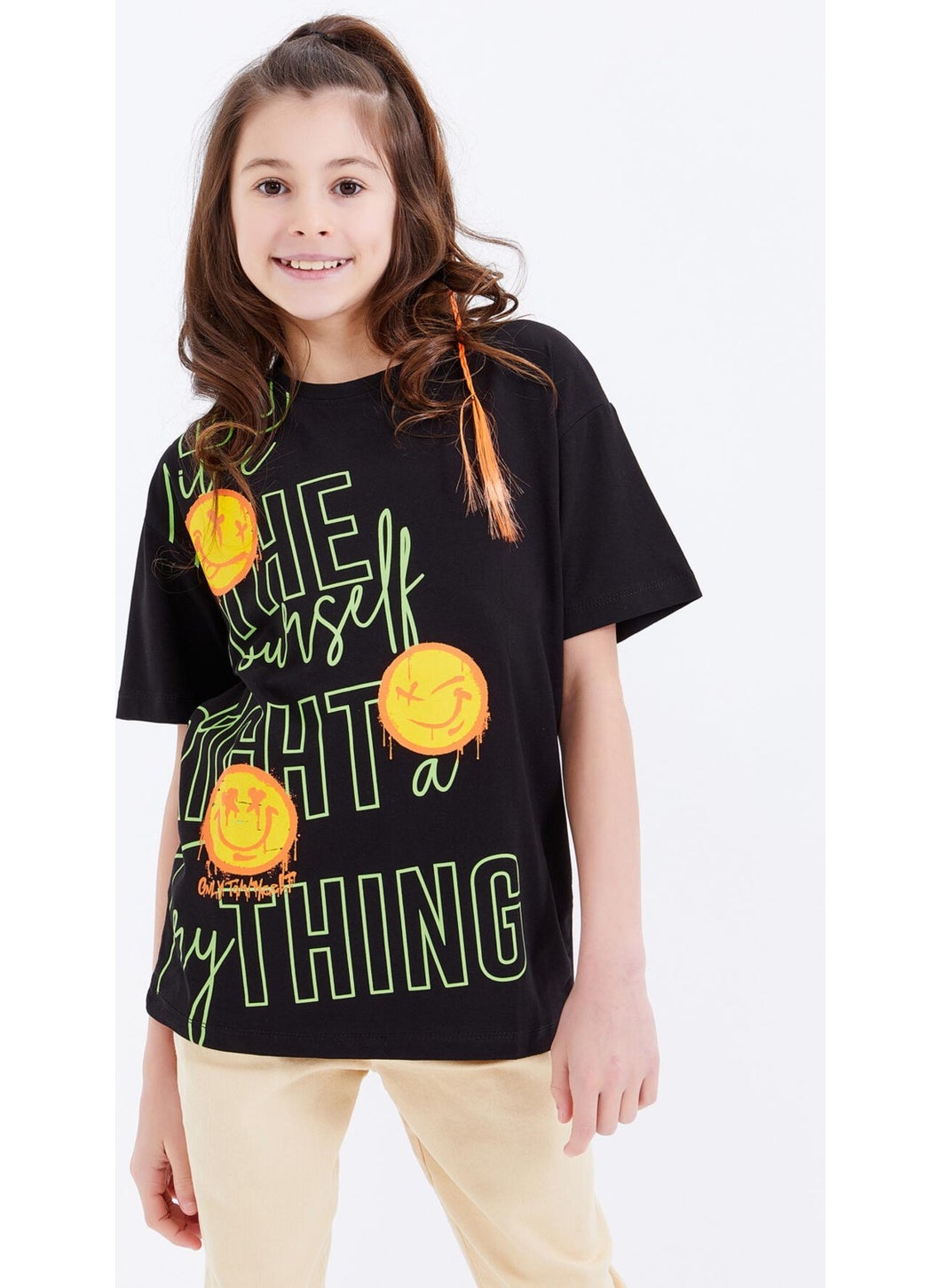 Tommy Life - Black Oversize Emoji Printed O Neck Off Shoulder Girls T-Shirt - 75042 - Image 1