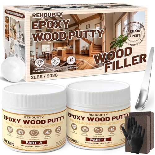 REHOUPTY Epoxy Wood Putty Filler Kit, High Capacity Strength Wood Epoxy & Repair Kit - Stainable Paintable 32oz 2-Part Putty Filler, Woodon Filler Interior & Exterior Furniture Repair Set for Damages (White) - Image 1