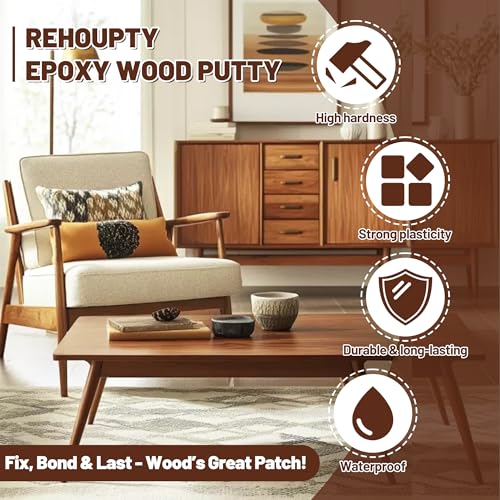 REHOUPTY Epoxy Wood Putty Filler Kit, High Capacity Strength Wood Epoxy & Repair Kit - Stainable Paintable 32oz 2-Part Putty Filler, Woodon Filler Interior & Exterior Furniture Repair Set for Damages (White) - Image 2