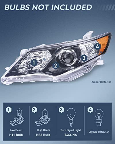 Nilight Headlight Assembly for 2012 2013 2014 Toyota Camry L/LE/XLE/Hybrid LE XLE Headlamps Replacement Black Housing Amber Reflector Driver and Passenger Side - Image 2