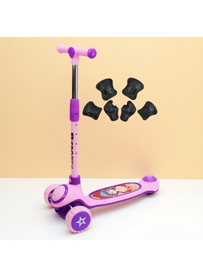 EASY FUTURE For 3-8 Years Ideal Foldable Kids Scooter with Height-Adjustable Handle, LED PU Wheels, Rear Brake & Music Including Protective Gear Set - Image 1