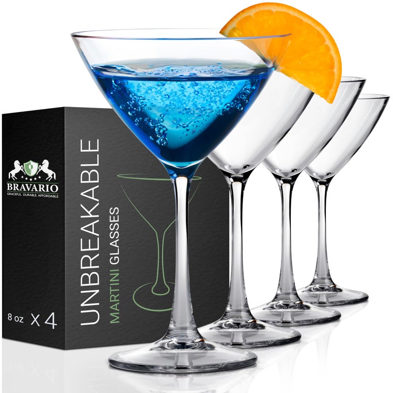 Bravario Unbreakable Plastic Martini Glasses, 100% Tritan Shatterproof Plastic Cocktail Glasses, Premium Quality, BPA-Free Dishwasher-Safe Reusable, 8 oz Set of 4 - Image 1