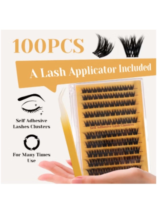 Self Adhesive Eyelashes Clusters Kit, D Curl Pre Glued Lash Clusters Wispy Lashes Kit with Tweezers for Beginners, Press On Glueless Lash Extension Kit 10-16mm - 100PCS - Image 3