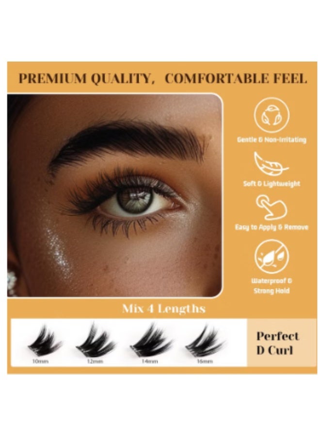 Self Adhesive Eyelashes Clusters Kit, D Curl Pre Glued Lash Clusters Wispy Lashes Kit with Tweezers for Beginners, Press On Glueless Lash Extension Kit 10-16mm - 100PCS - Image 4