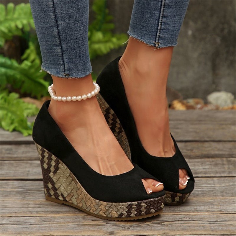 Large Size Fish Mouth Wedge High-Heeled Shoes For Women Autumn New Shallow Mouth Slip-On Shoes - Image 1