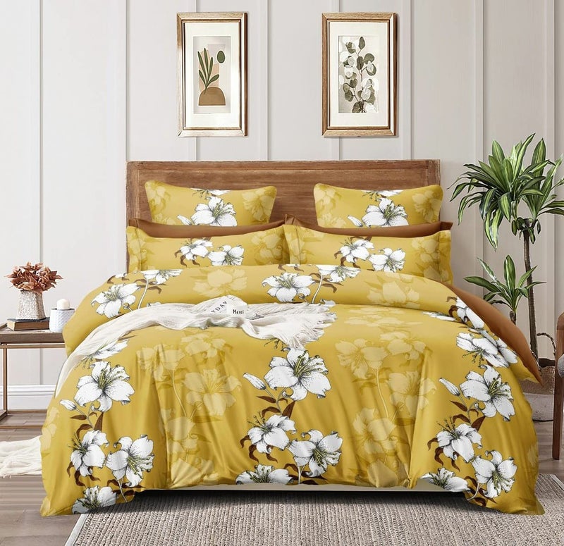 PRISCILLA 400 TC Glace Cotton King Size Comforter Set – 4 Piece Bedding Set with 1 Flat Bedsheet (90x100 Inch), 2 Pillow Covers, Ultra Soft Printed AC Quilt/Blanket/Duvet, All Season – Mustard Yellow - Image 5