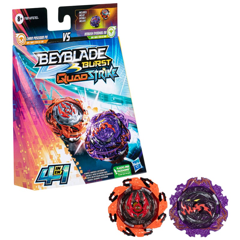 Beyblade Burst QuadStrike Ambush Nyddhog N8 and Chain Poseidon P8 Spinning Top Dual Pack 2 Battling Game Top Toy for Kids Ages 8 and Up - Image 2