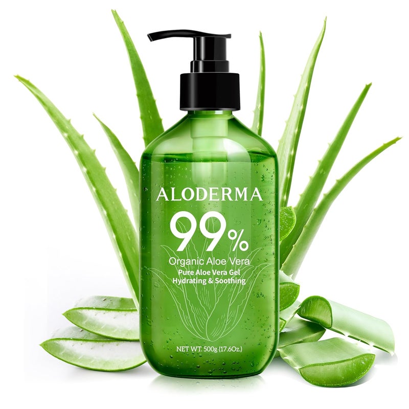 Aloderma 99 Organic Pure Aloe Vera Gel Made within 12 Hours of Harvest Large 176oz Pump Bottle Lightweight NonSticky Aloe Gel for Sunburn Relief Natural Soothing Aloe Vera for Face  Hair