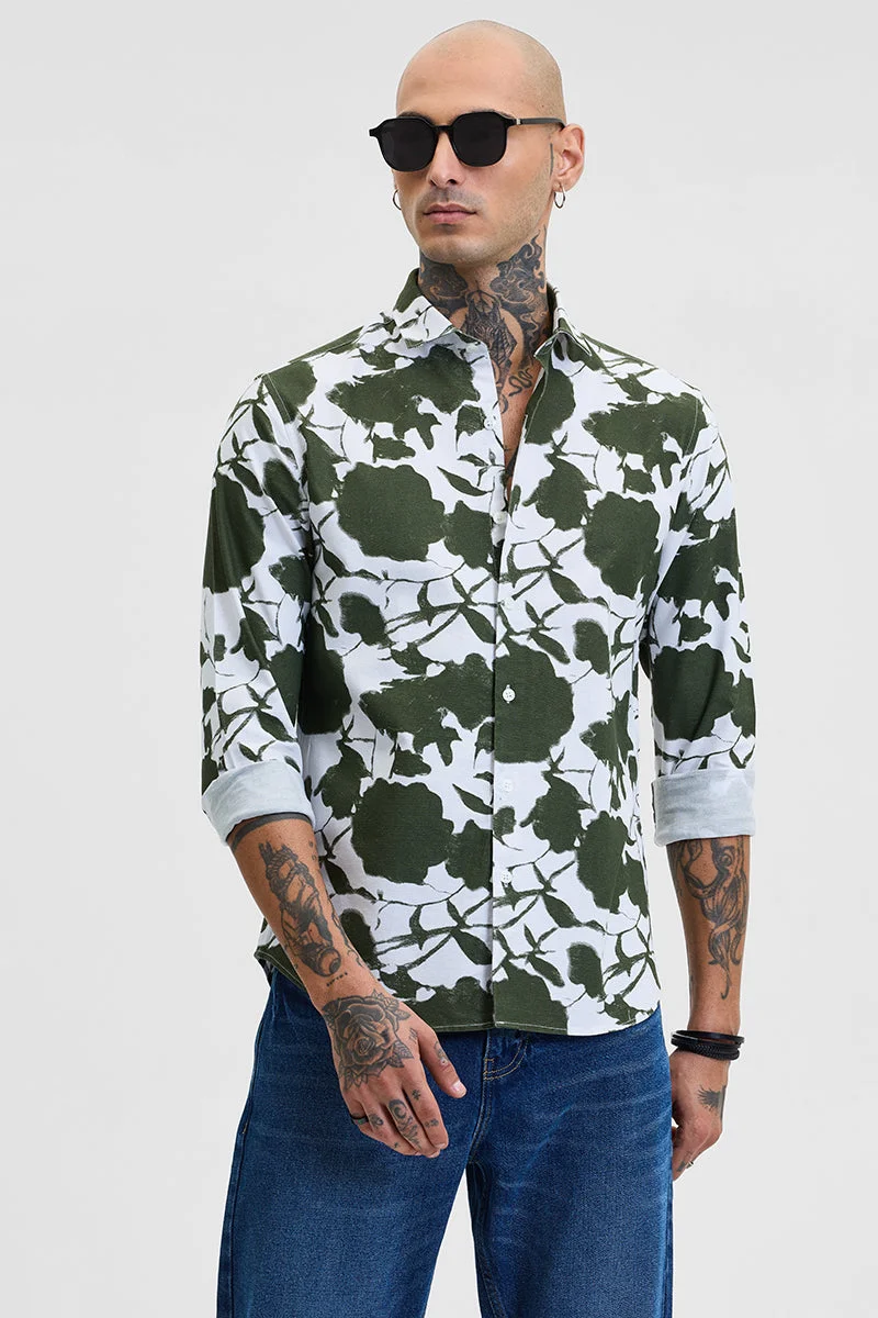 سنيتش Olive Abstract Long Sleeve Slim Fit Casual Shirt