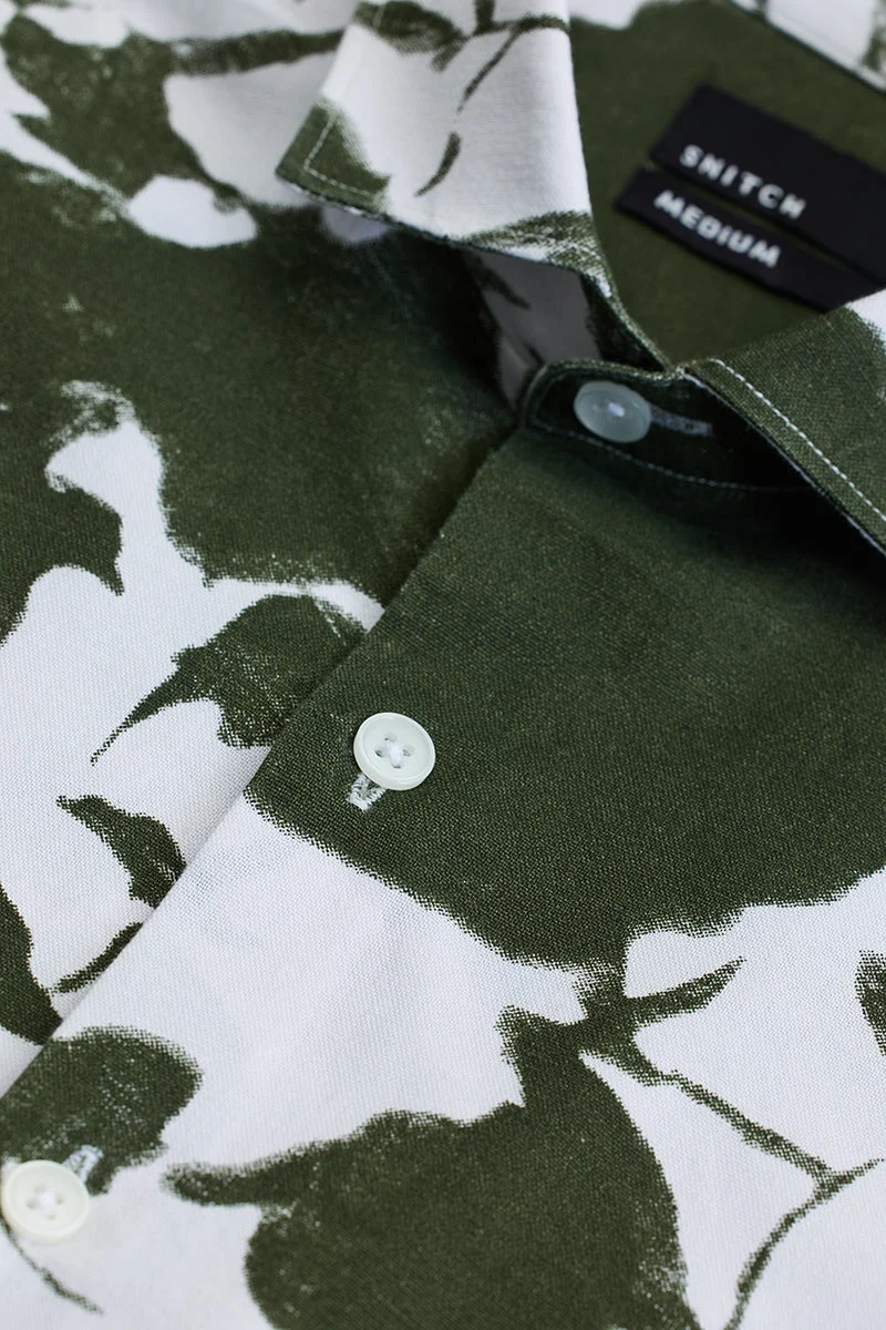 سنيتش Olive Abstract Long Sleeve Slim Fit Casual Shirt